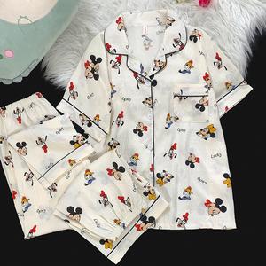 Set Piyama Kapas Awan, Untuk Wanita, Sangat Lembut, 3 Keping, Pakaian Ruang Tidur, Atasan Lengan Pendek, Seluar Pendek dan Seluar, Cetakan Kartun Manis, Sesuai untuk Pakaian Rumah, Selesa untuk Musim Bunga / Musim Panas