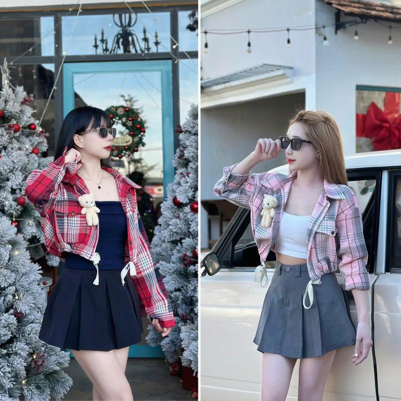 Áo khoác nữ form croptop CD1 kẻ sọc chất caro dạ cotton phối gấu xinh xắn, dễ thương