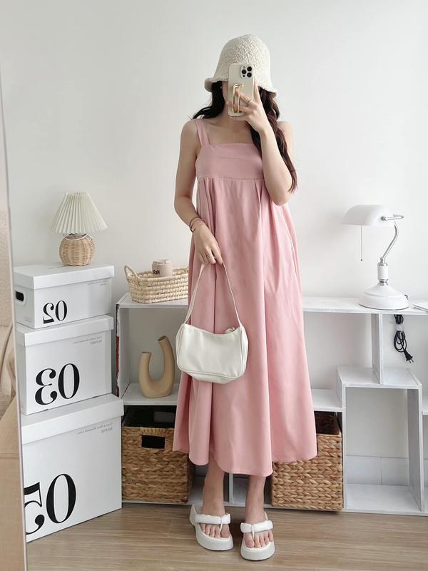 Váy hai dây babydoll trơn dáng xòe dài 3 màu cho nữ