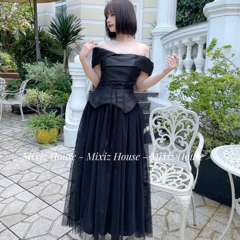 [CÓ BIGSIZE] Đầm xoè trễ vai cột eo phối tùng lưới, váy có lót trong sang chảnh đi tiệc đi chơi Mixiz House Nữ Women Dress Đen