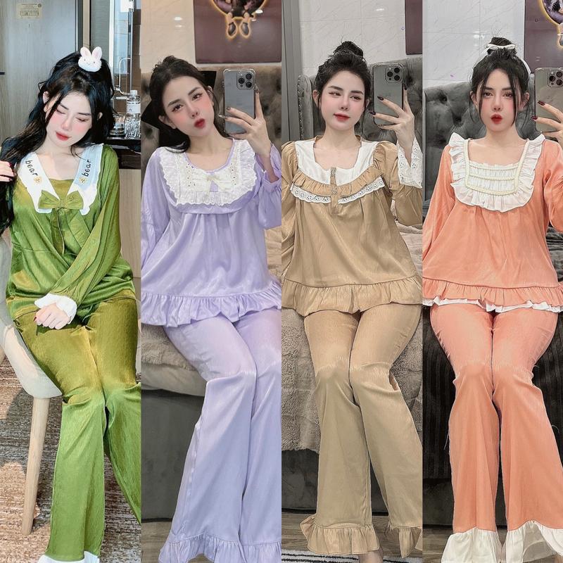 Đồ bộ tay dài tiểu thư thiết kế mới đơn giản lụa xước mềm mịn đồ bộ nữ mặc nhà thoải mái pijama nữ lụa mịn mát size dưới 60kg đồ bộ pizama tay dài trơn