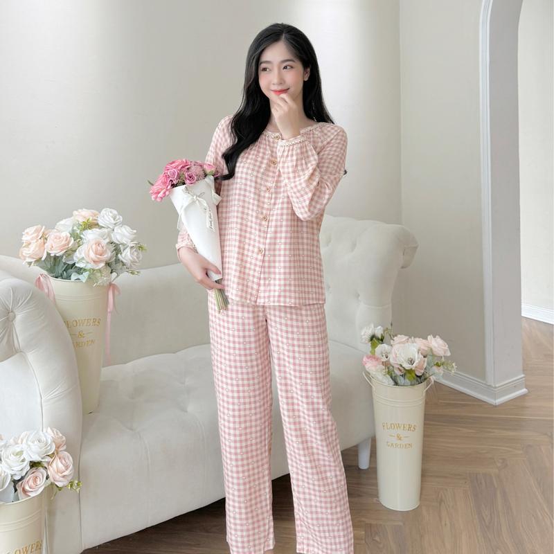 JANE STORE Bộ Đồ Mặc Nhà Nữ Đũi Mềm DH10 - Set đồ kẻ dài phối ren kẻ caro cực xinh