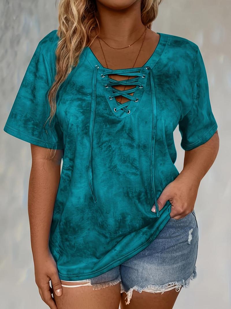 Product Introduction of 【Plus Size】 Tie Dye Print Lace Up Tee, Casual Short Sleeve T-shirt for Summer, Women's Plus Clothing for Daily Wear 1