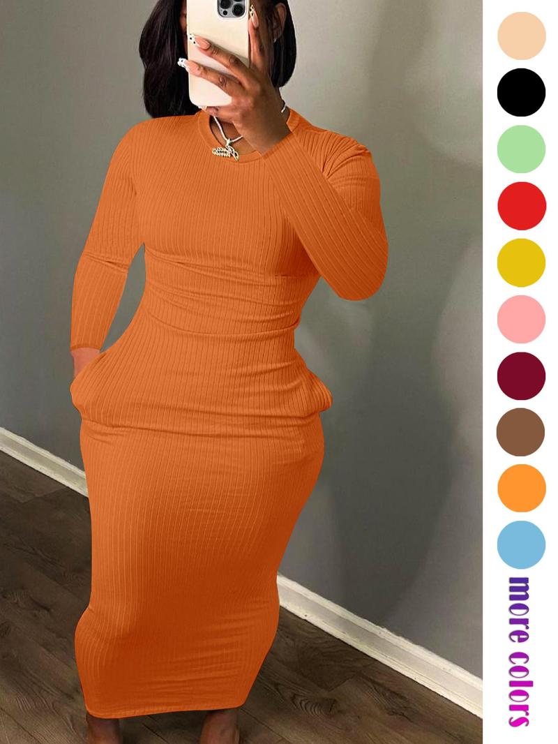 Product Introduction of Women's Solid Pocket Long Sleeve Bodycon Dress, Elegant Round Neck Dress for Party Holiday Wedding Guest, Ladies Fall & Winter Clothes, 2025 Trend, Spring & Fall Clothing, Going Out Dresses 2