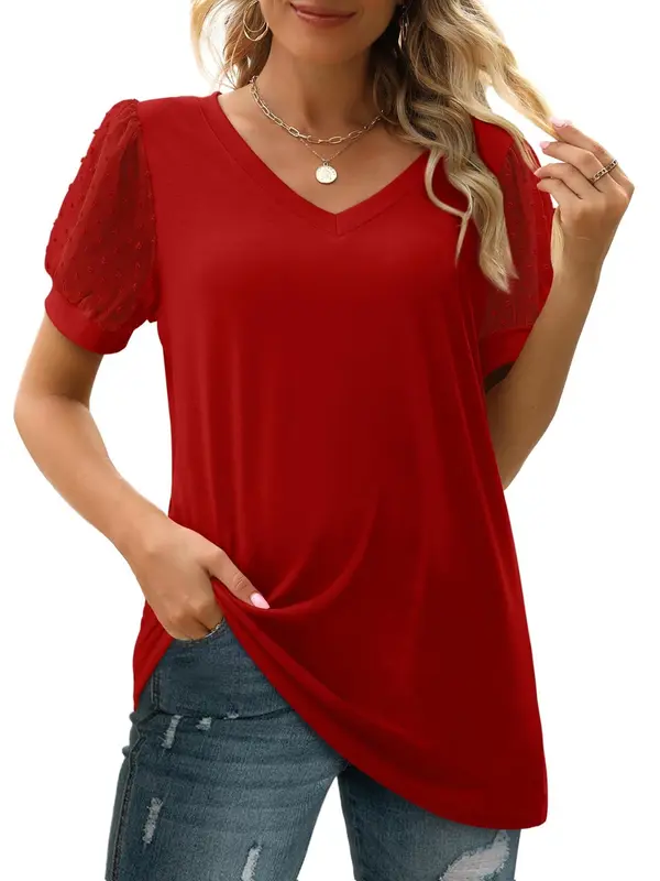 【Plus Size】Plain V Neck Tee, Casual Basic Short Sleeve T-shirt for Summer, Women's Plus Clothing for Daily Wear, Top, Tshirt, Womenswear, Lady Top 8