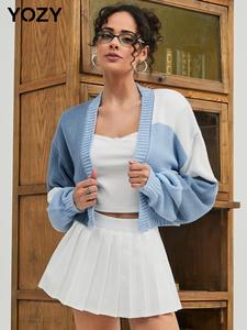 YOZY Women's Colorblock Drop Shoulder Cable Knit Cardigan, Preppy Style Long Sleeve Open Front Knitwear for Fall & Winter, Fashion Women's Knit Clothing for Daily Wear