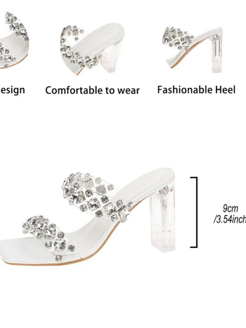 Product Introduction of Fashionable Rhinestone Decorated High Heel Sandals, Elegant Square Toe Sandals for Party, Daily Clothing Decor, Summer Barefoot Shoes for Women & Girls, Footwear 2