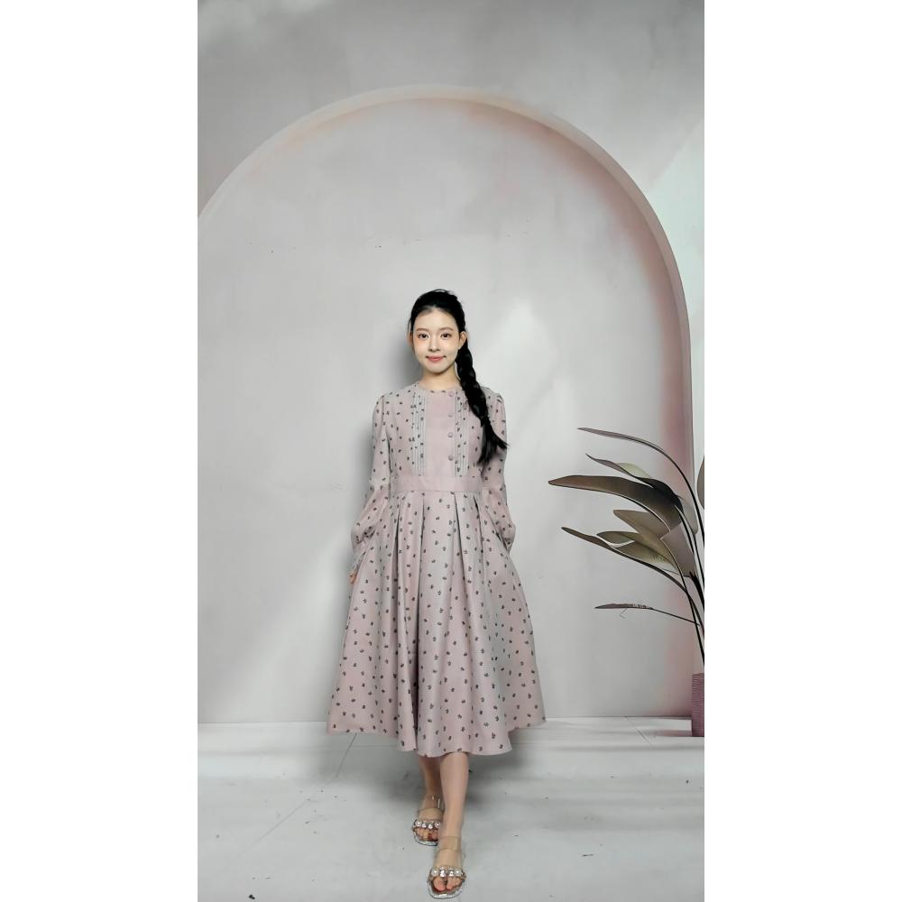 [clearance] FADFAD Gaun Wanita Motif Bergaris Rok Panjang Berkerah Lengan Panjang Gaya Kasual