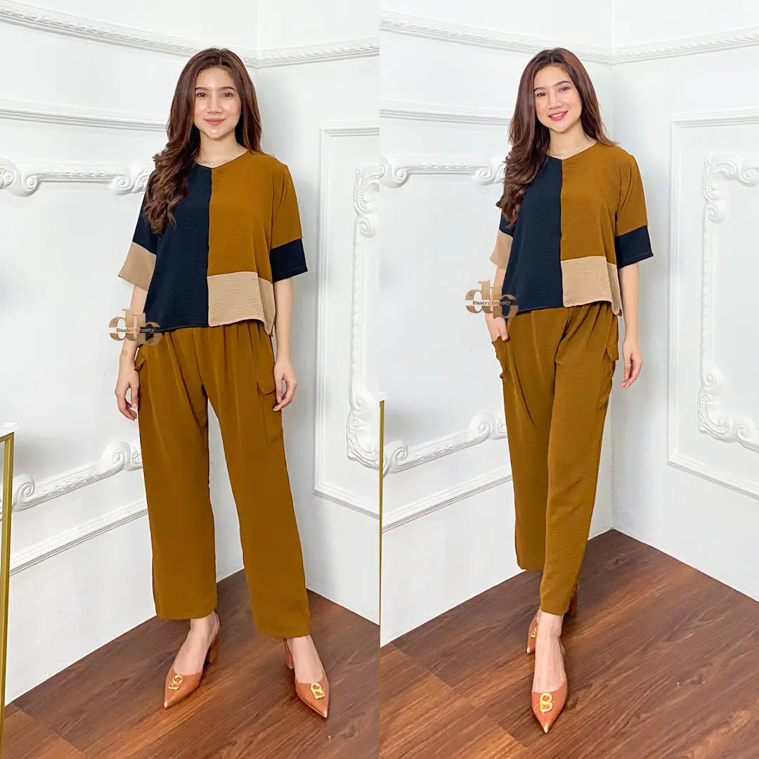 db - Anya setelan wanita korean style remaja dewasa panjang tangan 3/4 celana kulot crinkle airflow atasan twotone set terbaru Baju croptop