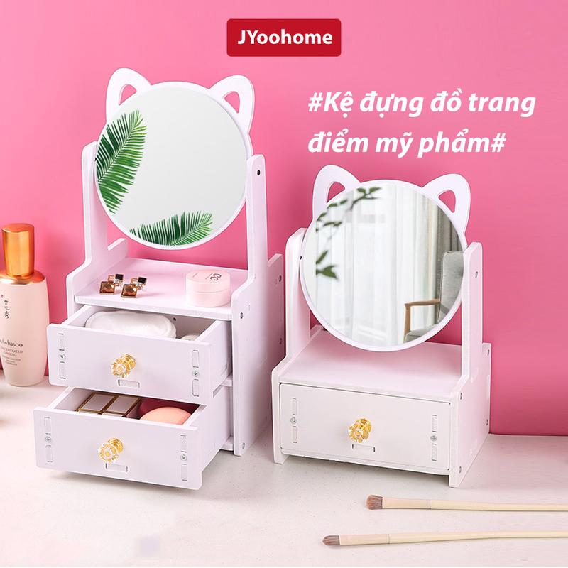 Tủ Để Đồ Trang Điểm Đề Bàn Có Gương Tai Mèo JYoohome Kệ Đựng Mỹ Phẩm Skincare, Hộp Mỹ Phẩm Lắp Ghép Thông Minh Cosmetic