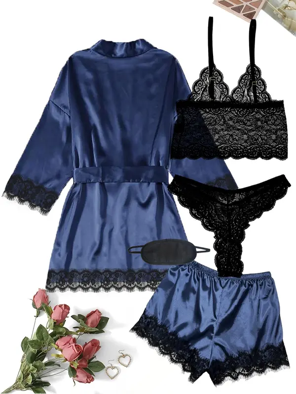 5 Counts Women's Contrast Lace Satin Pyjama Set, Casual Cami Top & Thong & Belted Wrap Lounge Robe & Bow Elastic Waist Shorts & Eye Mask Set, Pajama Sets Women, Lounge Sets, Women's Loungewear Set, Bedroom Pajamas for Married Women, Nightwear 7