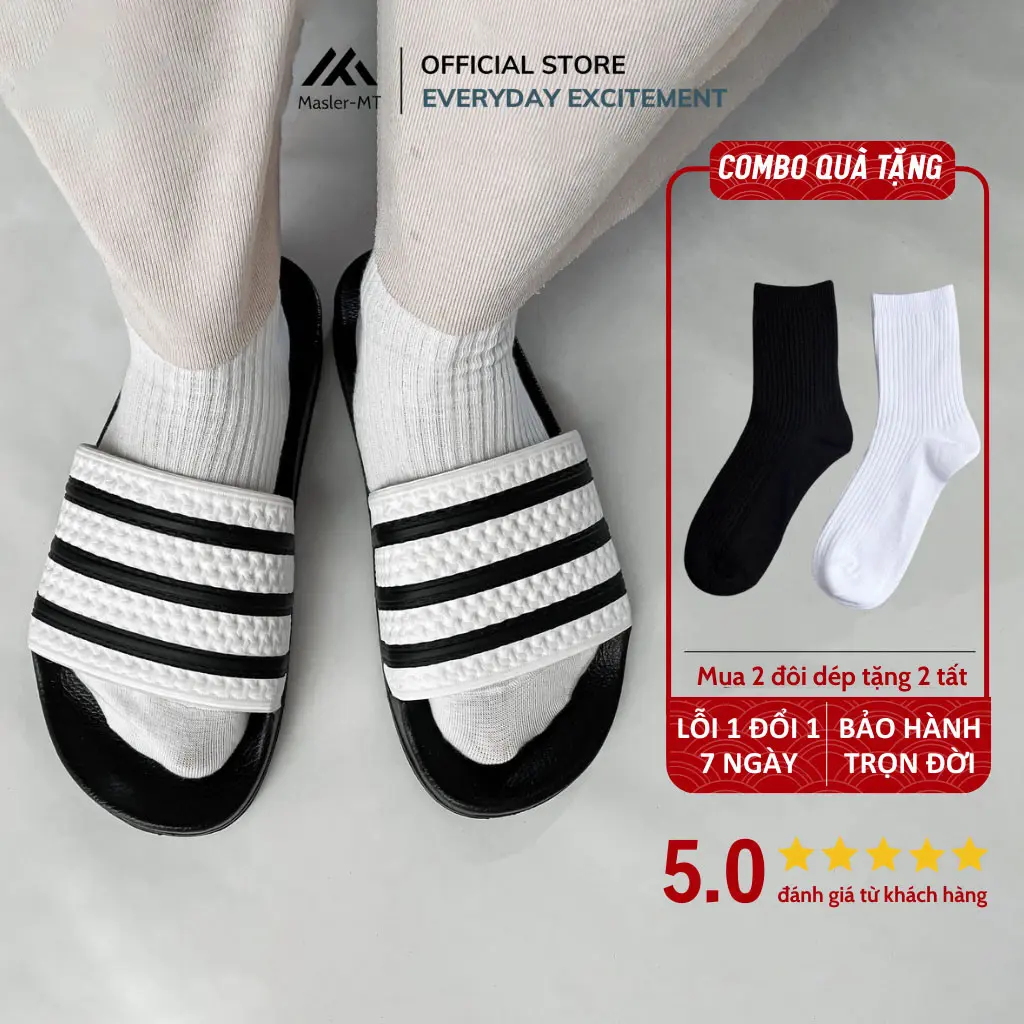 Dép nam quai ngang 3 sọc M Masler-MT đen trắng với đế chống trơn và quai êm chân chống nước TD2