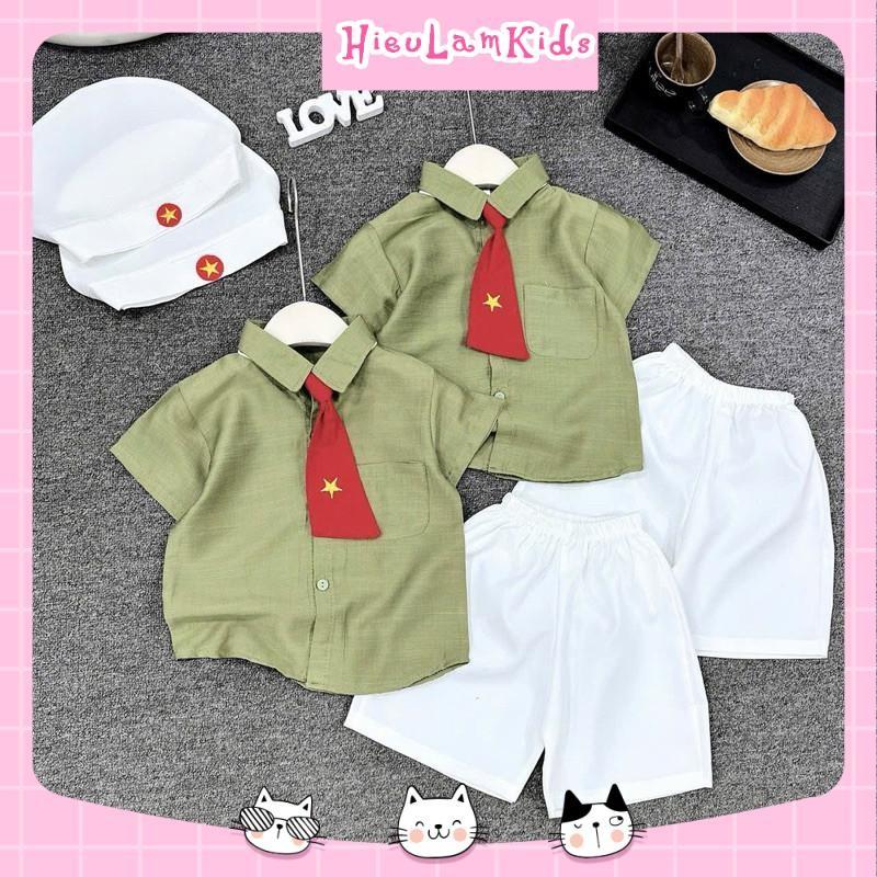 X32 - Bộ quần áo cho bé 4 món, Set áo sơ mi kèm cà vạt và mũ lá cờ đỏ sao vàng cho bé 4