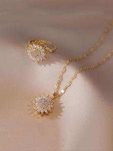 Conjunto de Joyería Elegante Giratorio de Girasol con Circonia Cúbica, Collar y Anillo de Cobre, Cadena de Acero Inoxidable para Mujer, Temática Floral para Fiestas y Aniversarios
