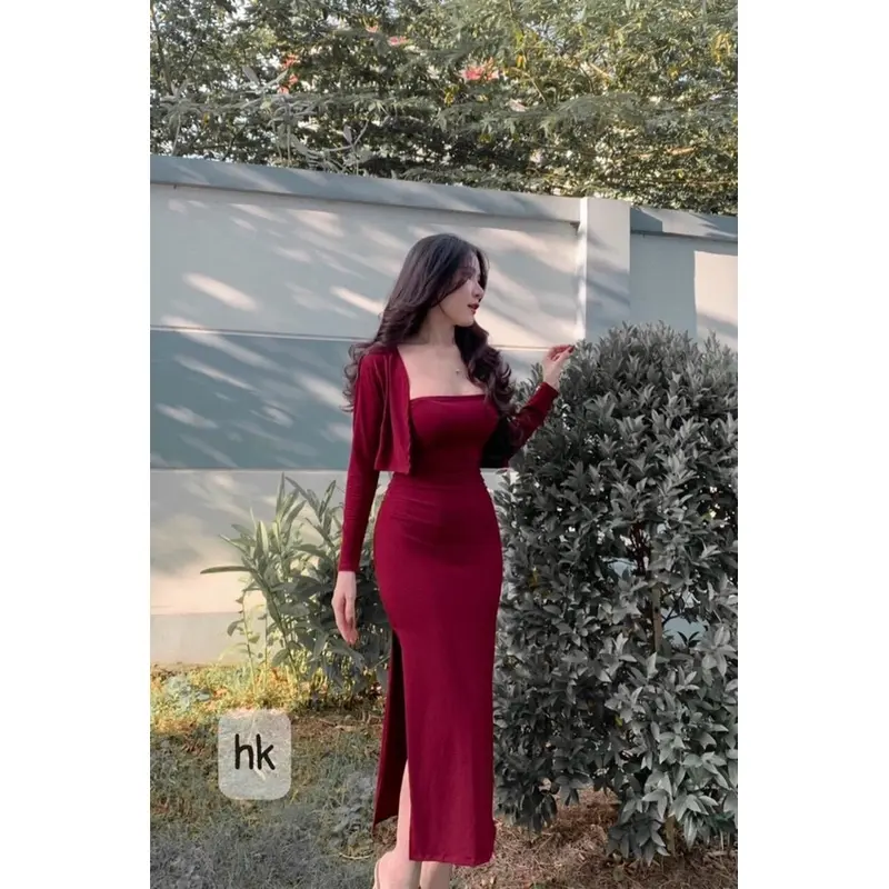 Set bộ nữ đầm ống cúp ngực kèm áo khoác tay dài chất thun gân Kem Top Women Ong 4