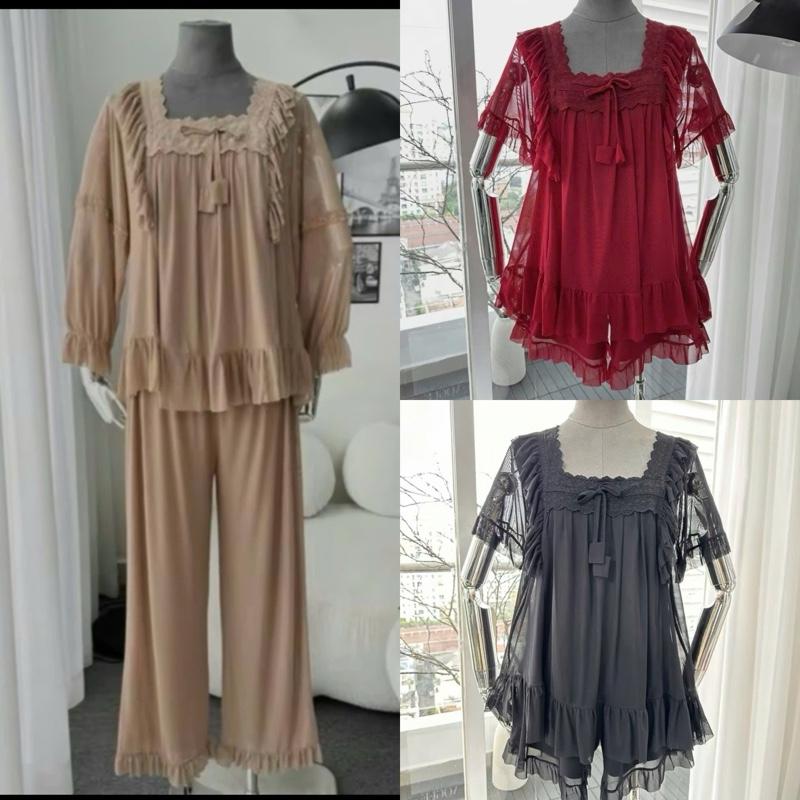 Bộ mặc nhà pijama Thun lưới phối bèo ren tiểu thư quần ko túi Women Women 45-68kg co dãn