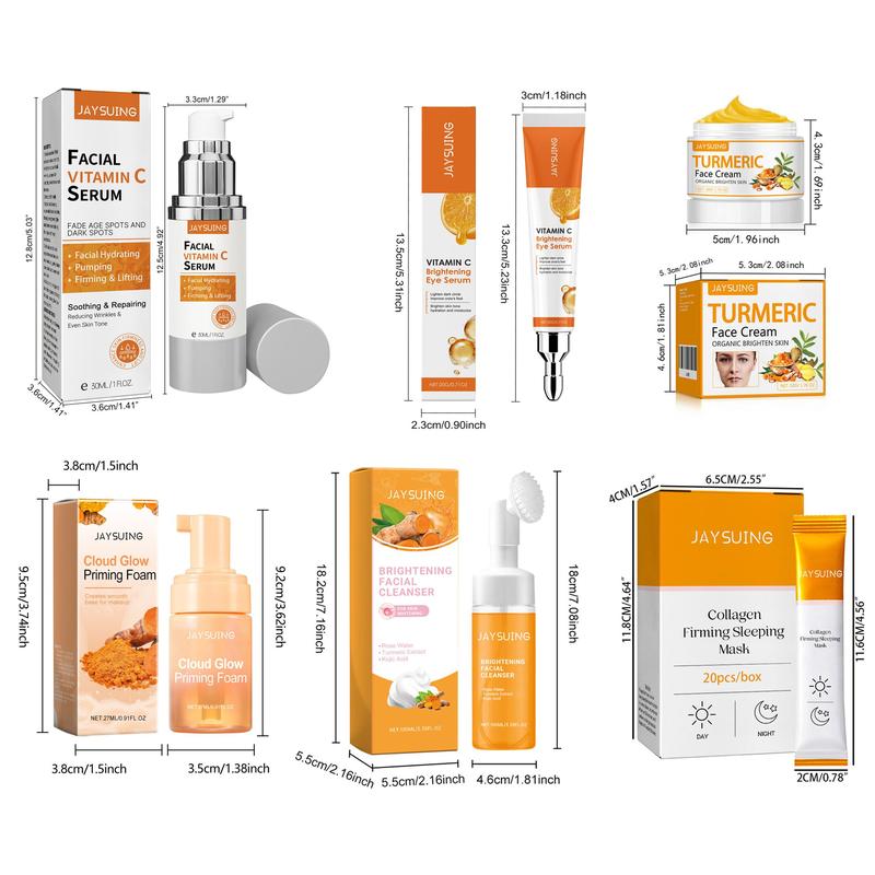 Vitamin C & Turmeric & Collagen Skin Care Kit, 6 Counts/set Facial Cleanser & Toner & Eye Cream & Serum & Face Cream & Mask, Moisturizing Skin Care Kit for Women 1