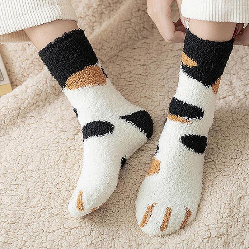 Product Introduction of Winter New Striped Cartoon Cat Claws Warm Thickened Sleeping Socks For Women 17