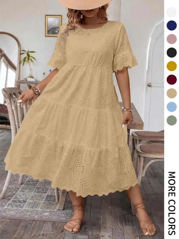 【Plus Size】 Plain Eyelet Embroidery Dress, Casual Bohemian Fashion Round Neck Dress for Daily Holiday Vacation Wear, Women Plus Clothing for Summer, Womenswear, Plus Size Dresses, Plus Size Tummy Flattering Dresses, Floral Lace Dress 7