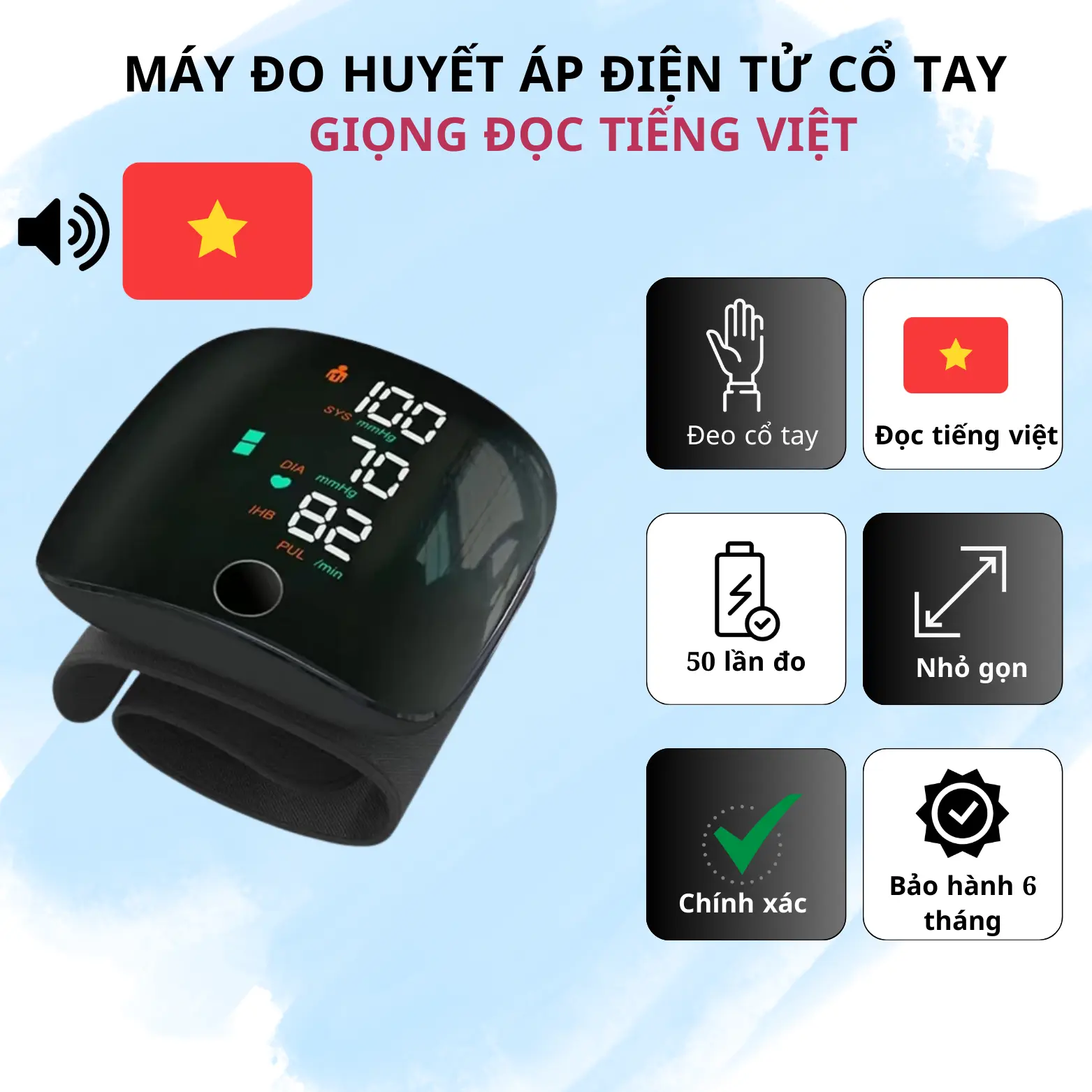Máy đo huyết áp cổ tay điện tử, giọng đọc tiếng việt, sử dụng dễ dàng, pin sạc