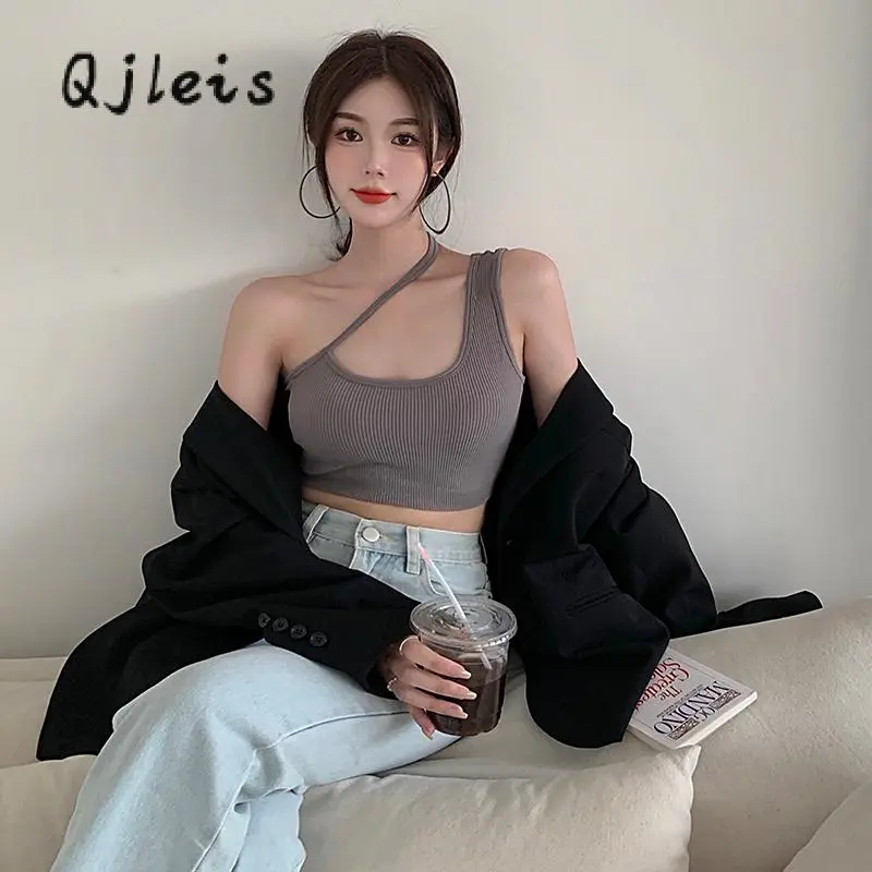 Women Sexy Navel Tops, Plain & Ribbed One Shoulder Sleeveless Slim Crop Top, Ladies Summer Bandage Short Shirt Fashion Womenswear