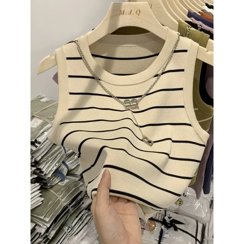 Pure desire spicy girl style high waist exposed navel short striped vest for women 2023 summer new slim fit sleeveless top