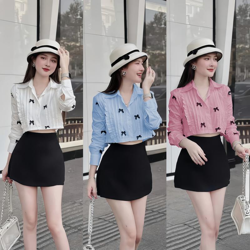 Áo sơ mi nữ croptop đính nơ dễ thương, Áo sơ mi croptop