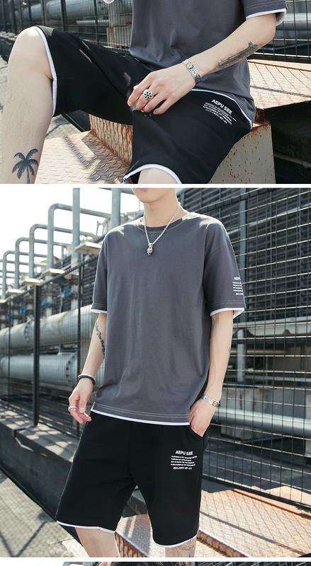 Product Introduction of New Leisure Sports Suit Men's All-Cotton Short-Sleeved T-shirt Shorts Set Workout Clothes Two-Piece Set 22