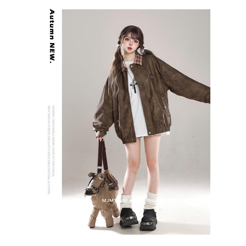 Product Introduction of American Retro Spliced plaid Lapel Jacket For Women In Autumn New Loose Bf Trendy Brand Baseball Uniform Pu Leather Jacket 24