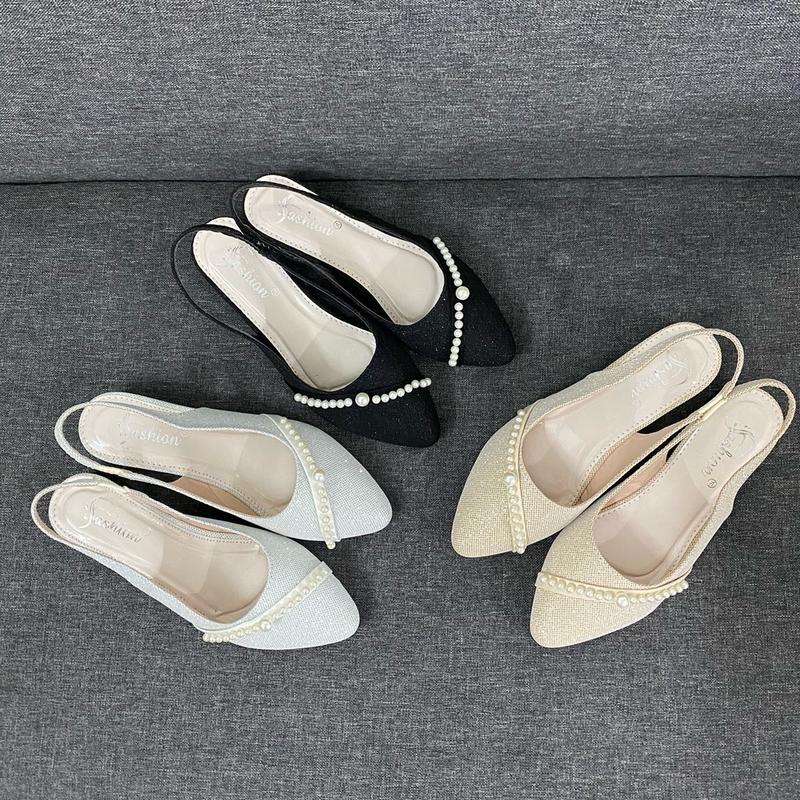 cao 2,5cm Giày hở gót nữ kim tuyến dây ngọc chéo sục nữ mũi nhọn kim tuyến