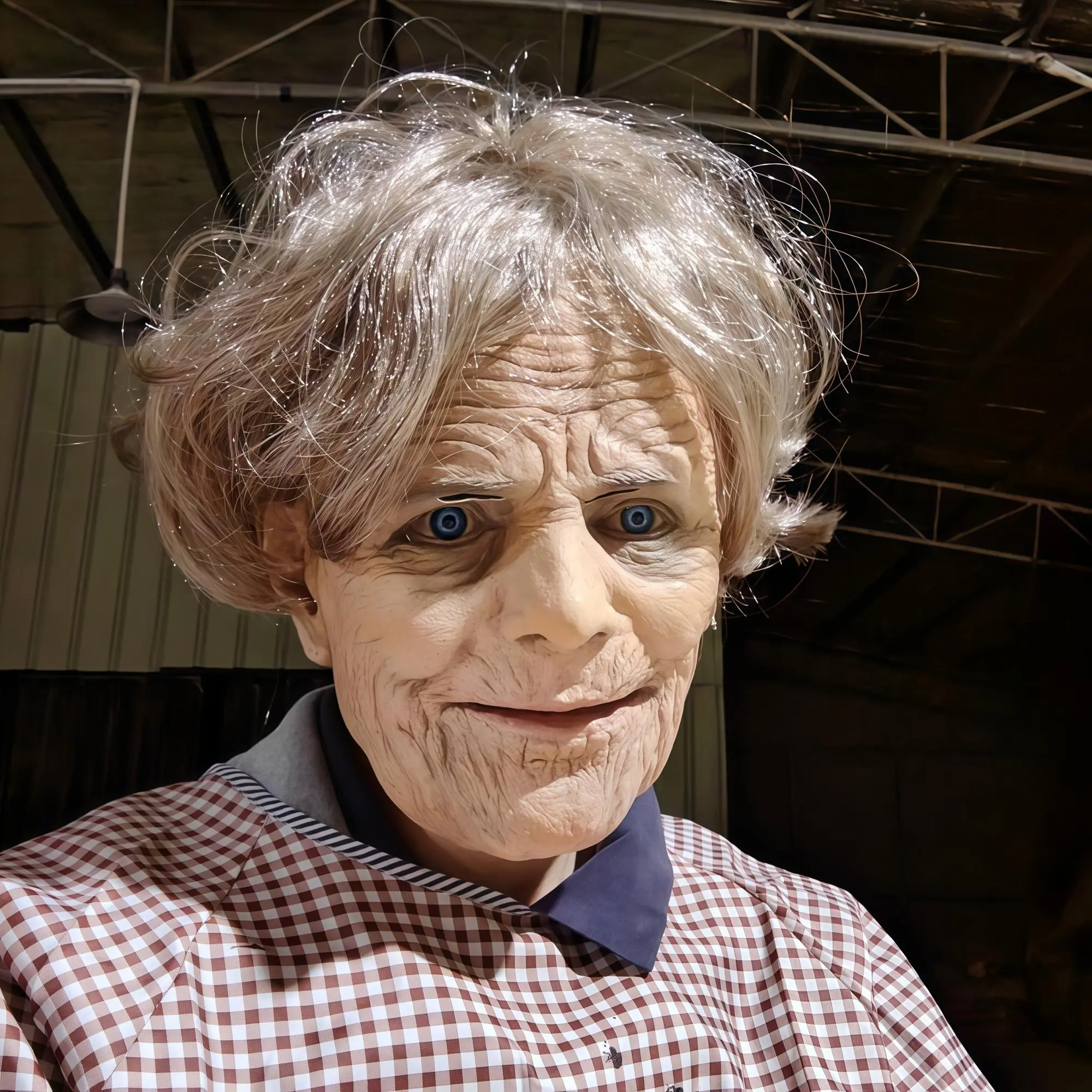 Blue Eyes Short Hair Realistic Granny Old Woman Latex Mask, Moving Mouth Soft Rubber Lady Grandma Masques with Wig, Halloween Costume Props