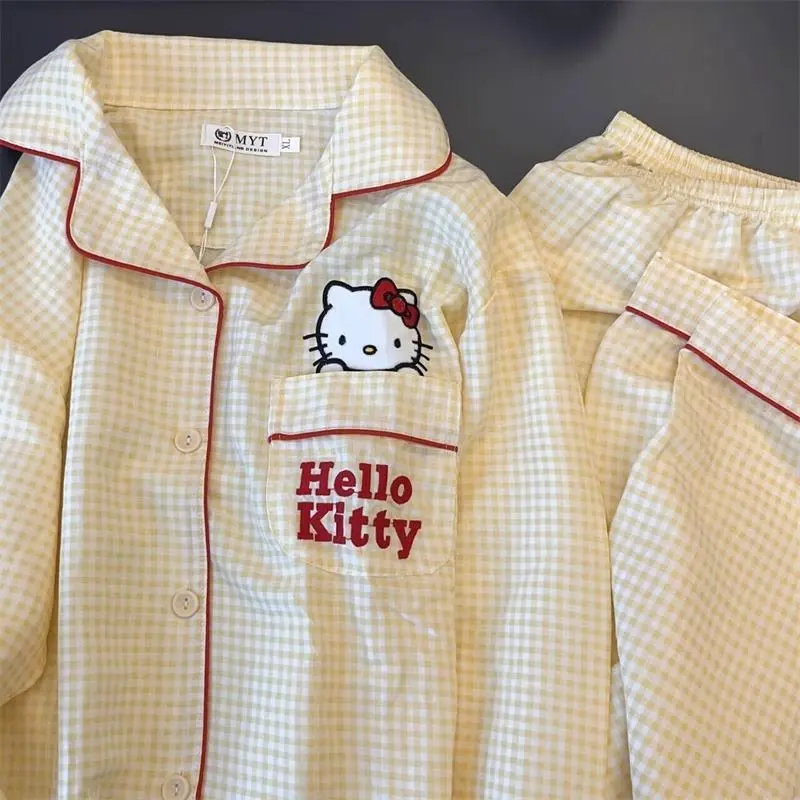 Bộ Đồ Ngủ Hello Kitty, Phong Cách Hàn Quốc, Dễ Thương, Dành Cho Nữ, Bộ Quần Dài Áo Dài Tay Và Quần Dài, Bộ Đồ Mặc Ở Nhà Kẻ Sọc Đơn Giản Nhật Bản, Thích Hợp Cho Mùa Xuân Và Mùa Hè 8