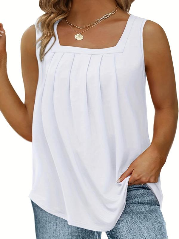 【Plus Size】 Plain Plicated Square Neck Tank Top, Casual Basic Minimalist Comfort Sleeveless Top for Daily Wear, Tank Tops for Women, Lady Plus Clothing for Spring, Womenswear, Summer Clothes 1