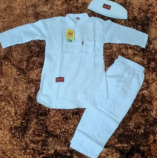 setelan kurta putih Katun Koko Anak