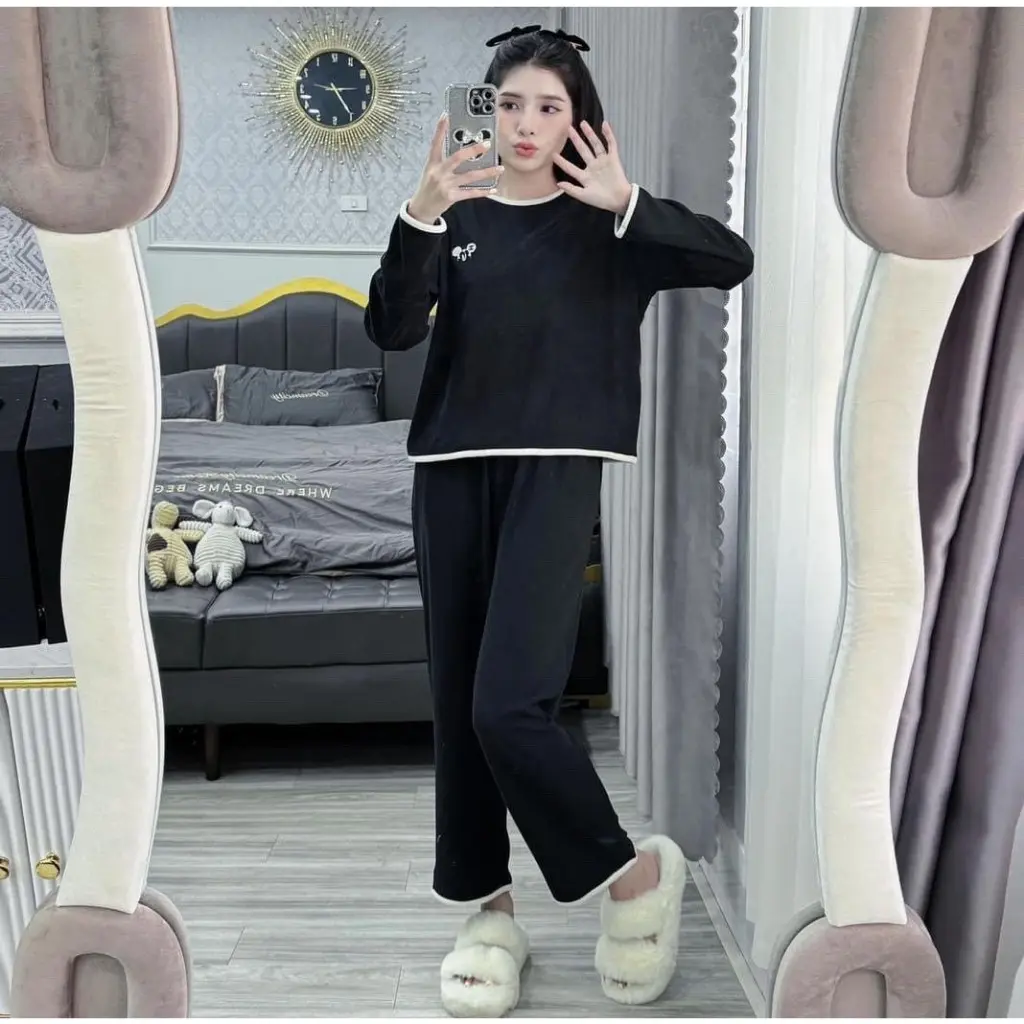 Bộ bầu và sau sinh DUNGDOOP bo viền dài tay , cổ bo tròn có vén mở hai bên cho con bú, đồ bầu mặc nhà thun gân mềm MB023