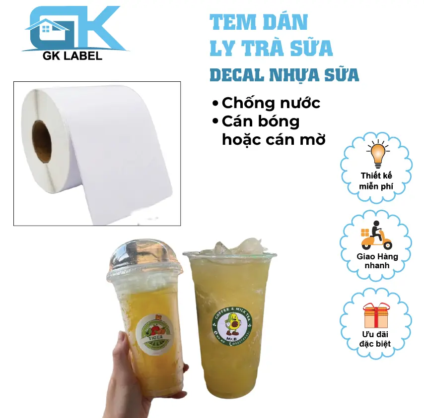 Tem dán ly trà sữa, Logo ly trà sữa - Decal nhựa chống nước - Thiết kế theo yêu cầu - MIỄN PHÍ THIẾT KẾ
