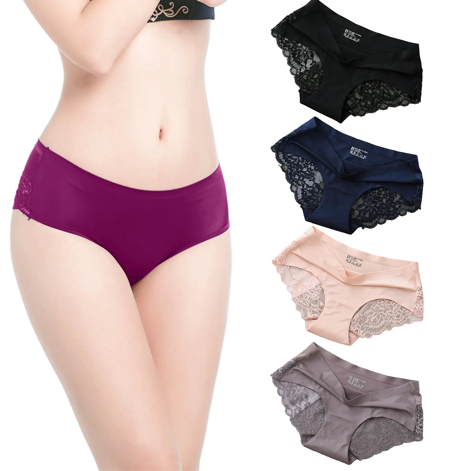 Fw.Q-Women Solid Color Mid-rise Briefs See-through Embroidery Lace Stitching Ice Silk Seamless Panties Underwear