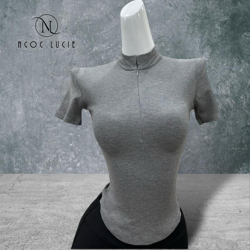 A192 - Áo Tay Ngắn Cổ Trụ Có Dây Kéo Basic Lượn Eo Sâu Vải Bozip - Ngọc Lucie