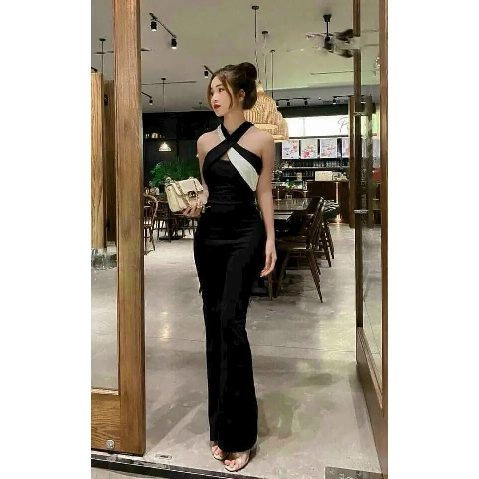 Set jum thời trang nữ đi dự tiệc sang chảnh chất umi cổ yếm bắt chéo không tay phối trắng có mút quần dài maxi siêu xinh