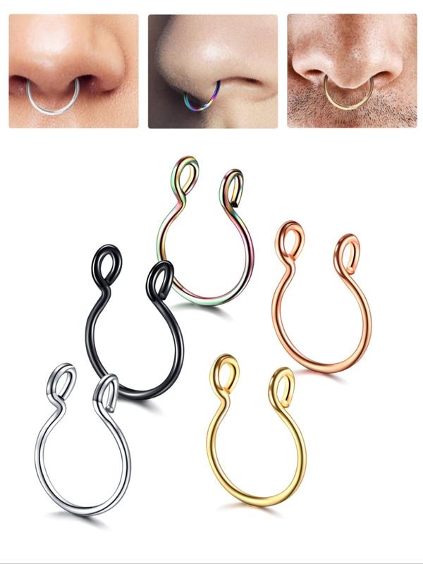 5pcs Stainless Steel Nose Cuff, U-shaped Fake Nose Rings, Casual Trendy Body Jewelry for Daily & Party Wear 3