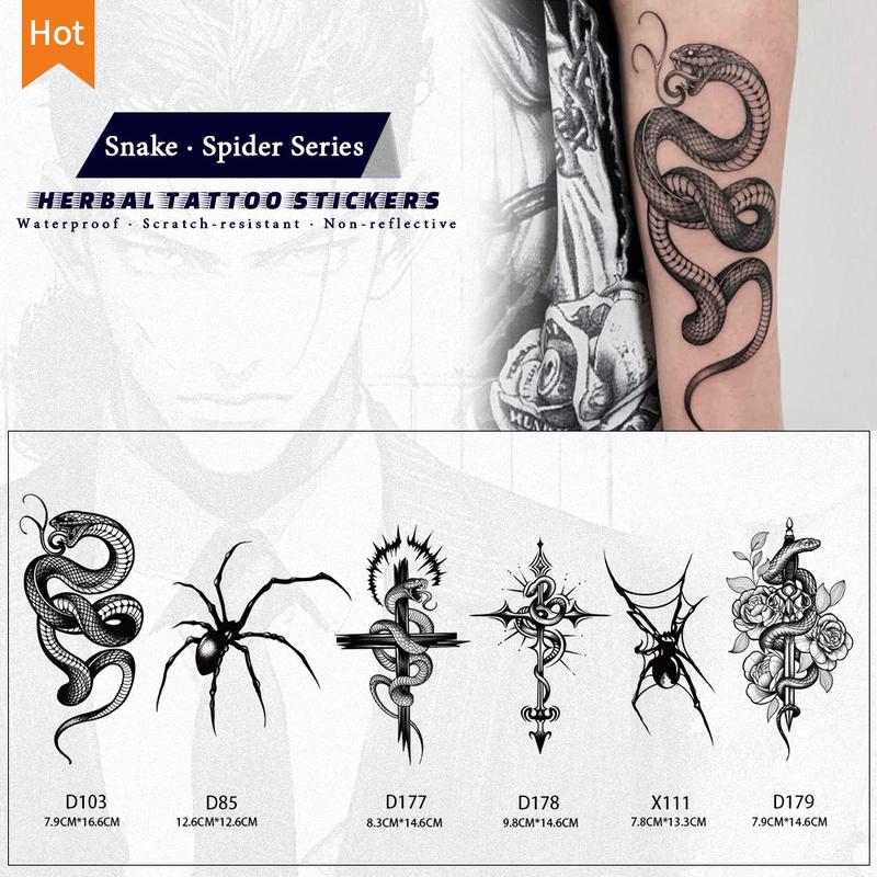 ODDSIN Nam Nữ Hình xăm dán tay và bụng 【Bộ sưu tập Rắn và Nhện Hình xăm dán thảo dược kỳ diệu chống nước chống trầy xước bền bỉ hiệu quả bán vĩnh viễn chân thực có thể duy trì trong 1-2 tuần.