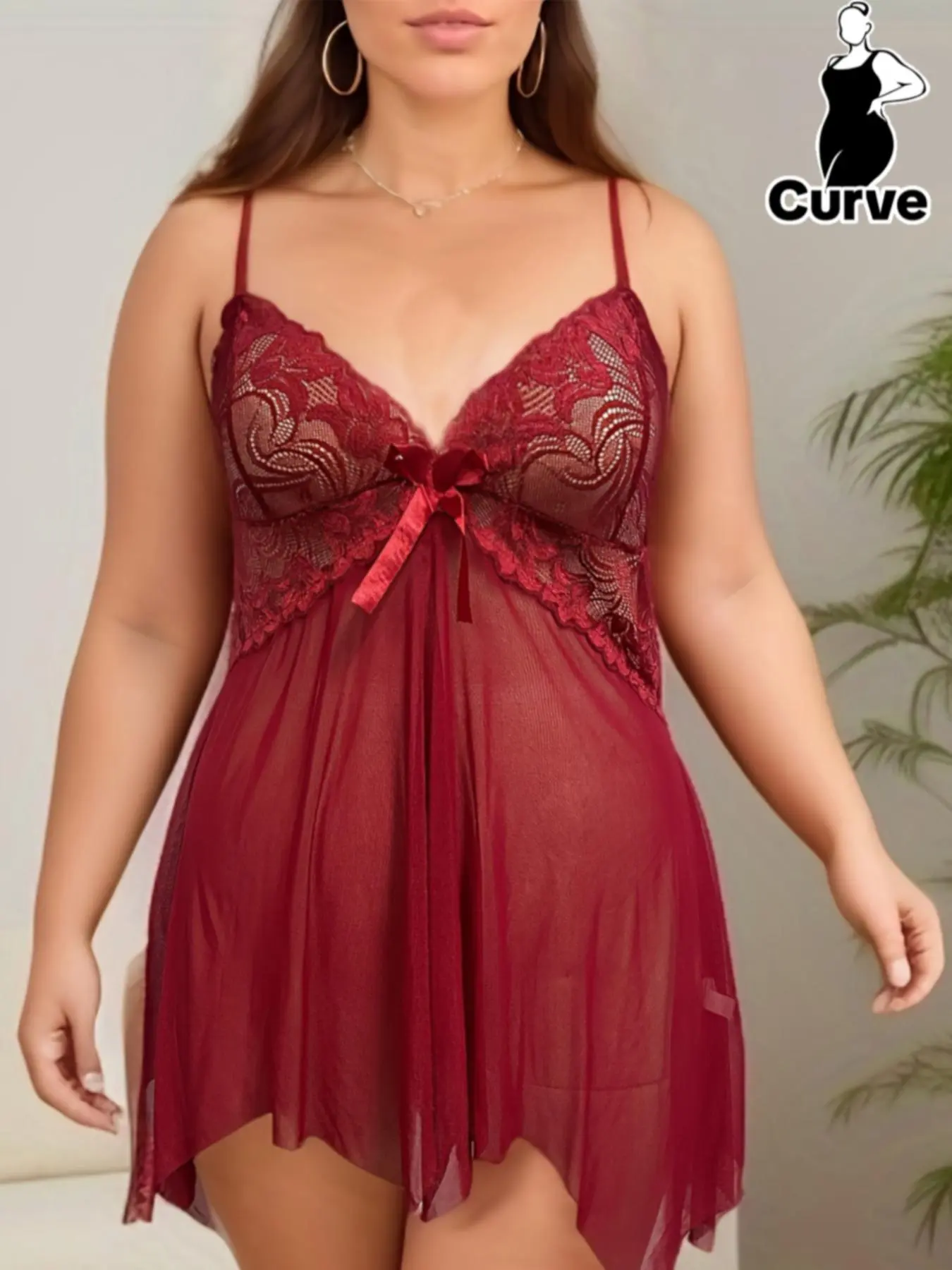 Women's Plus Size Clothing Contrast Lace Asymmetrical Hem Night Dress, Plus Size Bow Front Bride's Nightgown, Plus Size Sleepwear for Summer