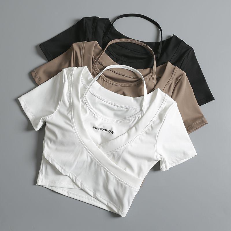 Áo Crop-Top, Dành Cho Nữ, Ngắn Tay, Ôm Sát, Thiết Kế Giả Hai Lớp, Thích Hợp Tập Luyện, Chạy Bộ, Tập Luyện, Quần Áo Yoga, Có Đệm Ngực, Gợi Cảm 0