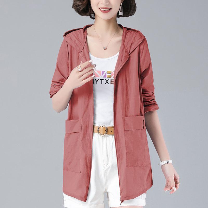 Product Introduction of Plus Size S-5XL Women Sun Protection Trench Jacket Thin Zipper Hooded Summer Fashion Casual Elegant Loose Windbreaker Coat Outerwear White Grey Pink Red Green Purple 25