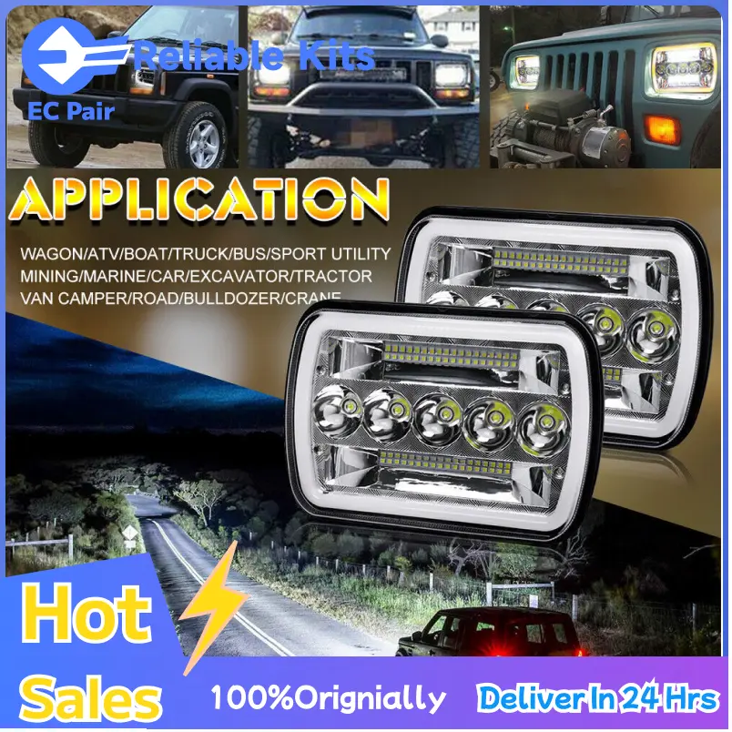 EC Pair 5x7 inch LED Car Headlights Hi/Lo Beam Rectangular Headlamps with Halo White DRL Amber Turn Signal Auto Accessories For Jeep Yj Cherokee 12v 24v