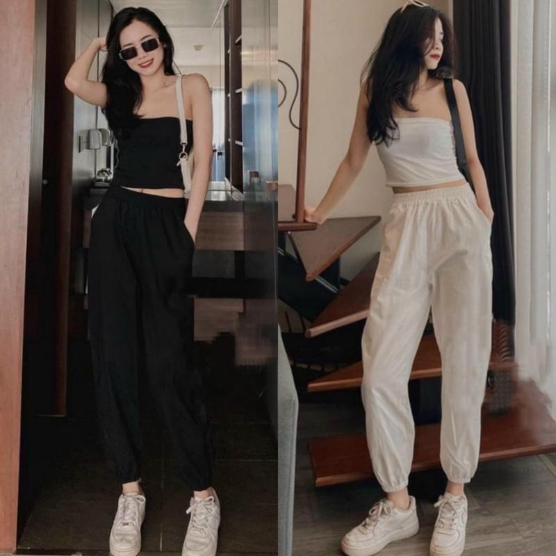 Quần jogger nữ thể thao ống rộng bo gấu dây rút vải đũi mềm mát kiểu - Quần đũi dài cạp thun chun mặc hè đi biển học gym Tập Gym Sport Yoga Tập Thể Dục Tập Yoga