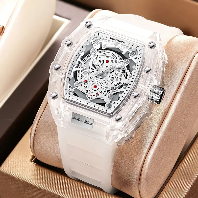 Personalized barrel-shaped quartz watch, fashionable transparent men's watch, waterproof watch