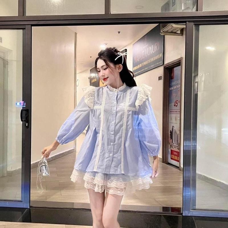 BIGSIZE HIẾU HIẾU 55-95KG - Set bộ babydoll tiểu thư phối ren áo tay lửng + chân váy ren tầng