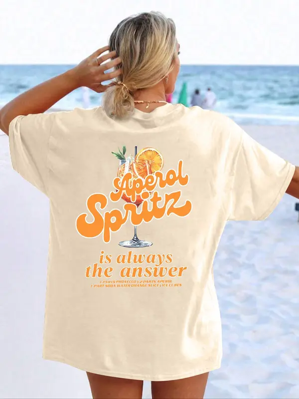 Women's Letter Graphic Round Neck Tee, Lady Comfort Graphic Tees Top, Casual Drinks Graphic Drop Shoulder Half Sleeve T-shirt for Summer, Vintage Graphic Tees, Ladies Clothes for Daily Wear, Womenswear 4