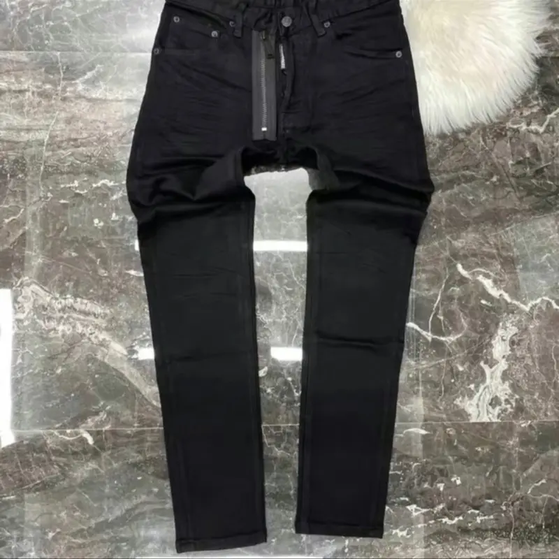￼Quần jean bò nam D.2 slimfit đen trơn dập nhăn 3D treo tag chữ hồng eo 4 cúc basic boy phố QJ612P
